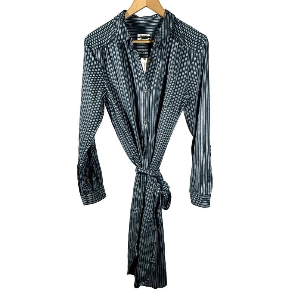 ANTHROPOLOGIE Women's Long Sleeve Belted Striped Shirt Dress Blue Size 12 - NWT
